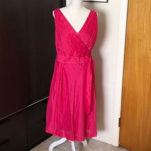 Fuchsia Silk Linen blend v neck dress